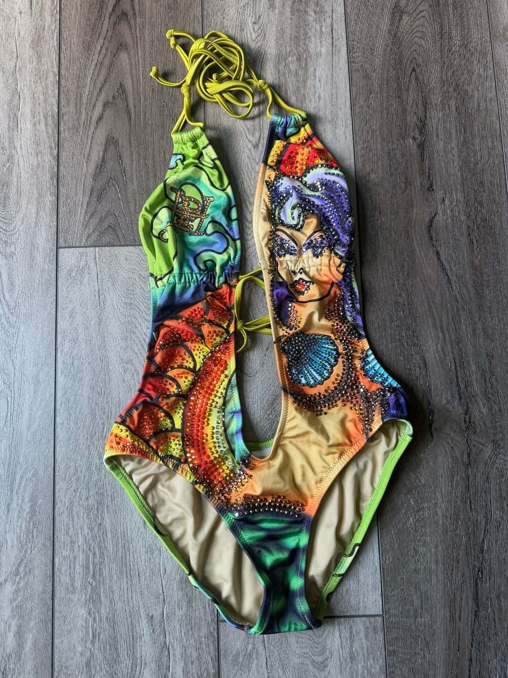 Ed Hardy by Christian Audigier Rhinestone Embellished Halter One-Piece Swimsuit